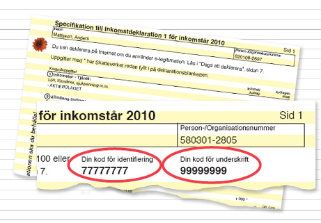 Exempel på säkerhetskoder från Inkomstdeklaration 1 för inkomstår 2010