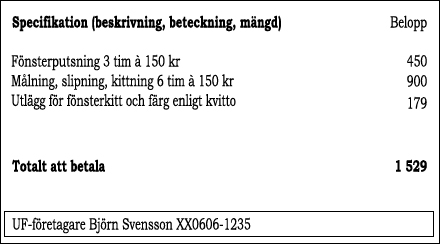 Exempel på specifikation med kostnad per vara och totalsumma samt namnet och personnumret på UF-företagaren.