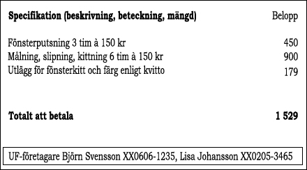 Exempel på specifikation med kostnad per vara och totalsumma samt namnet och personnumret på UF-företagaren.