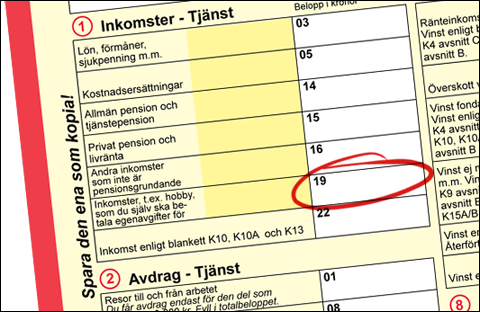 Del av inkomstdeklarationsblankett med ruta 19 markerad.