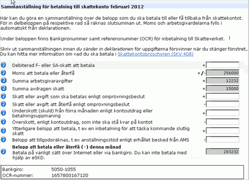 Sammanställning för betalning till skattekonto februari 2012