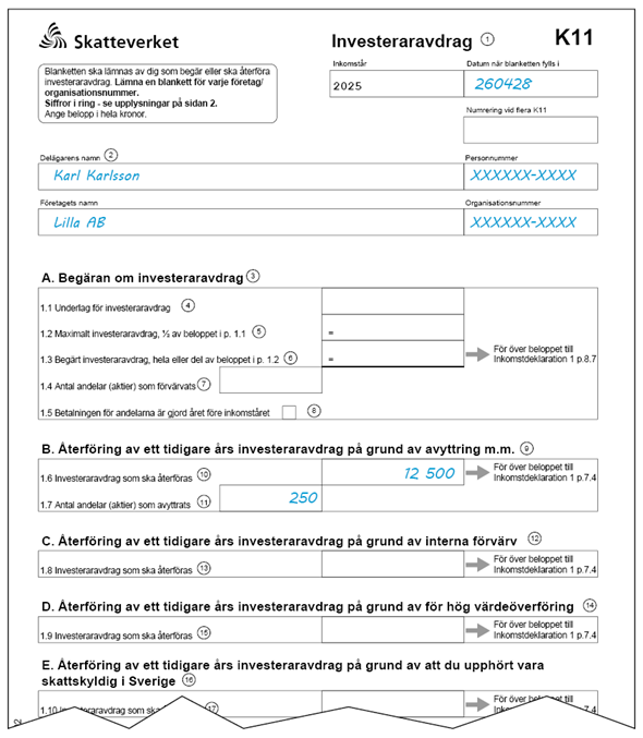 Exempel på den ifyllda blanketten K11 Investeraravdrag. Samma siffror används i exempeltexten under rubriken Exempel.