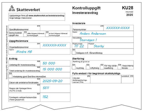 Exempel på ifylld Kontrolluppgift Investeraravdrag KU28. Samma siffror används under rubrik Exempel 1.