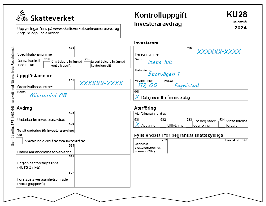 Blankett KU28 (Kontrolluppgift Investeraravdrag) med ifyllda exempel av kontrolluppgift vid återföring av investeraravdrag. Samma information finns i texten under rubriken Exempel – kontrolluppgift återföring.