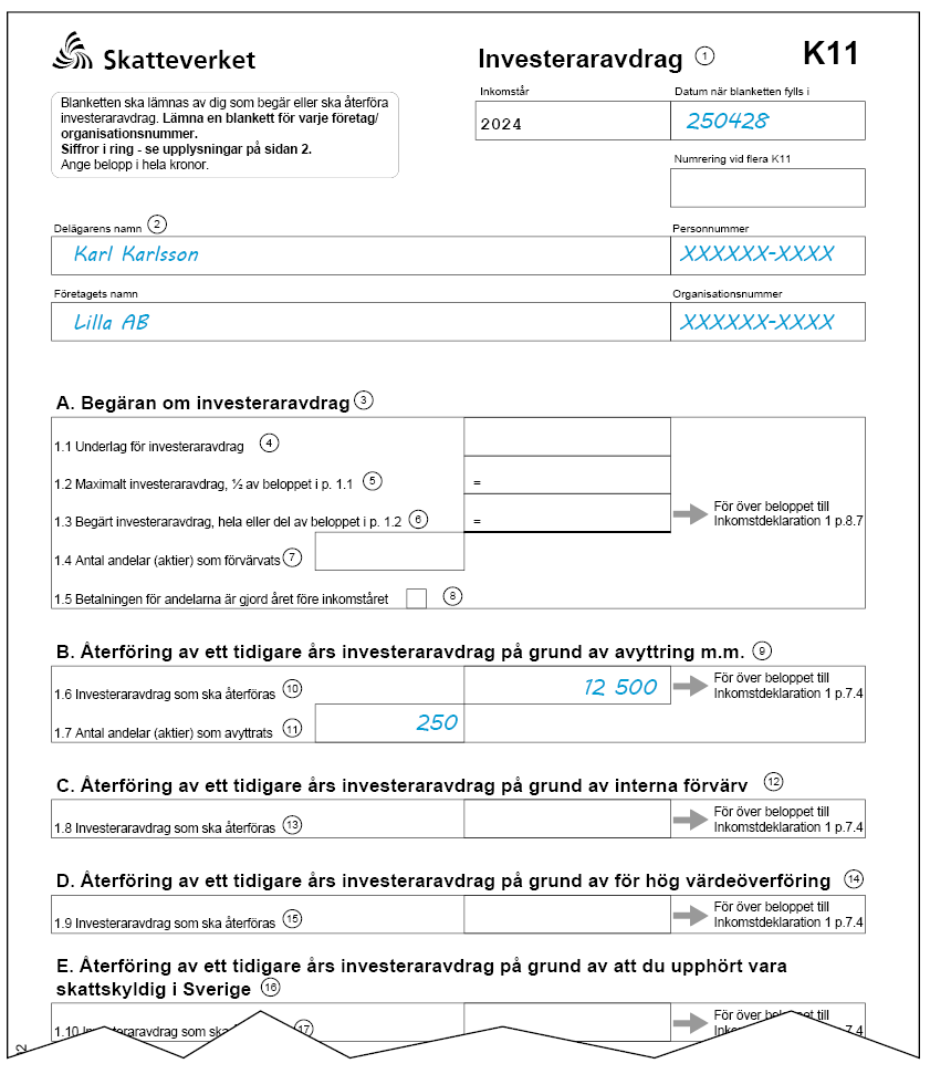 Blankett K11 (Investeraravdrag) med ifyllda exempel. Samma information finns i texten under rubriken Exempel.