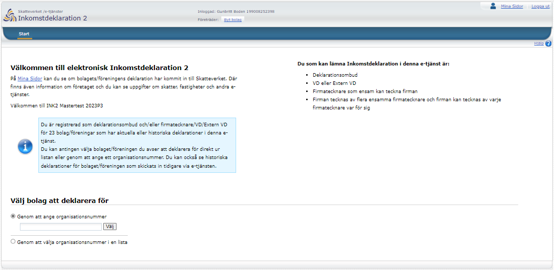 Image showing the start page for eINK2 and the possibility of selecting the company to file a tax return for.