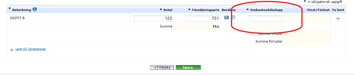 Image showing where to fill in the cost amount for sales of securities.