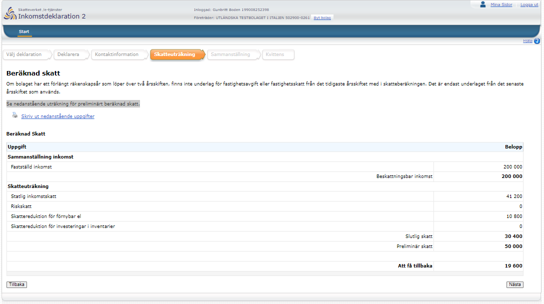 Image showing the outcome of the tax calculaion.