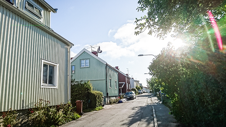 Trävillor på en liten gata. Solen lyser genom trädkronorna.