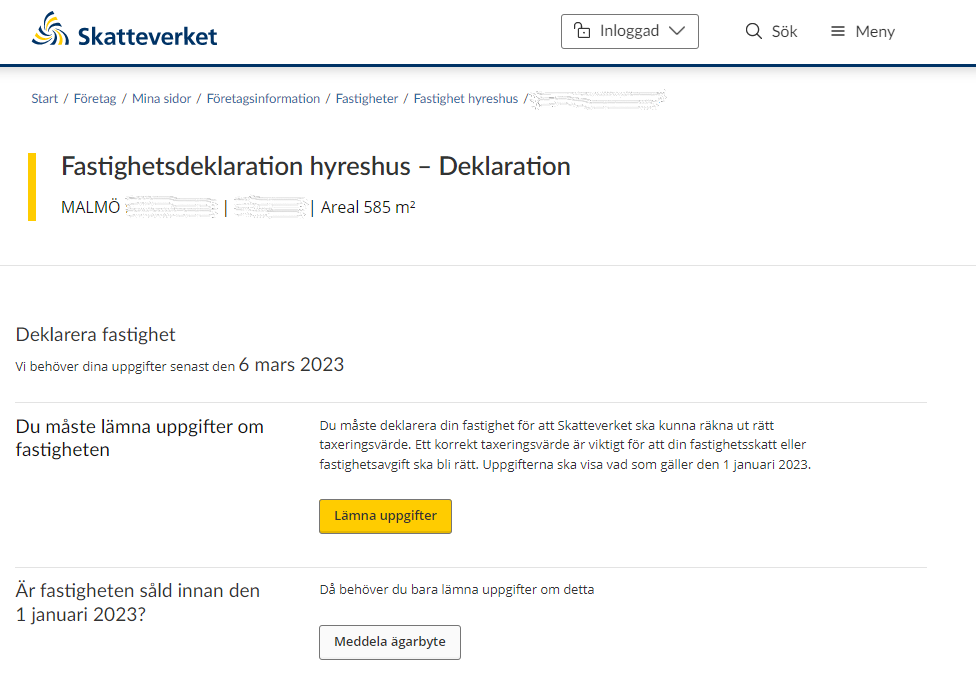 Image showing final dates for submitting information,
and buttons for submitting information or making an ownership change
notification.