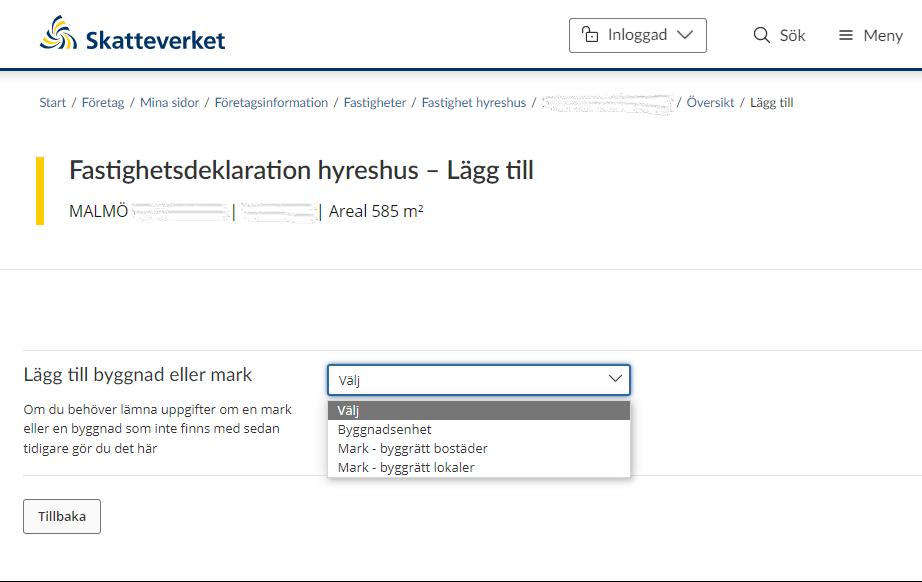 Image showing a
drop-down menu where you can select either a building or land (see instructions). 