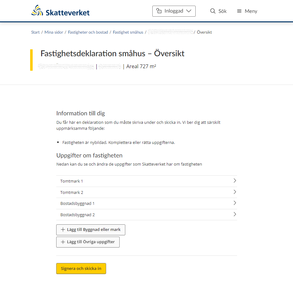 Image showing which valuation units are listed,
and buttons for adding a building or land plot (see instructions).