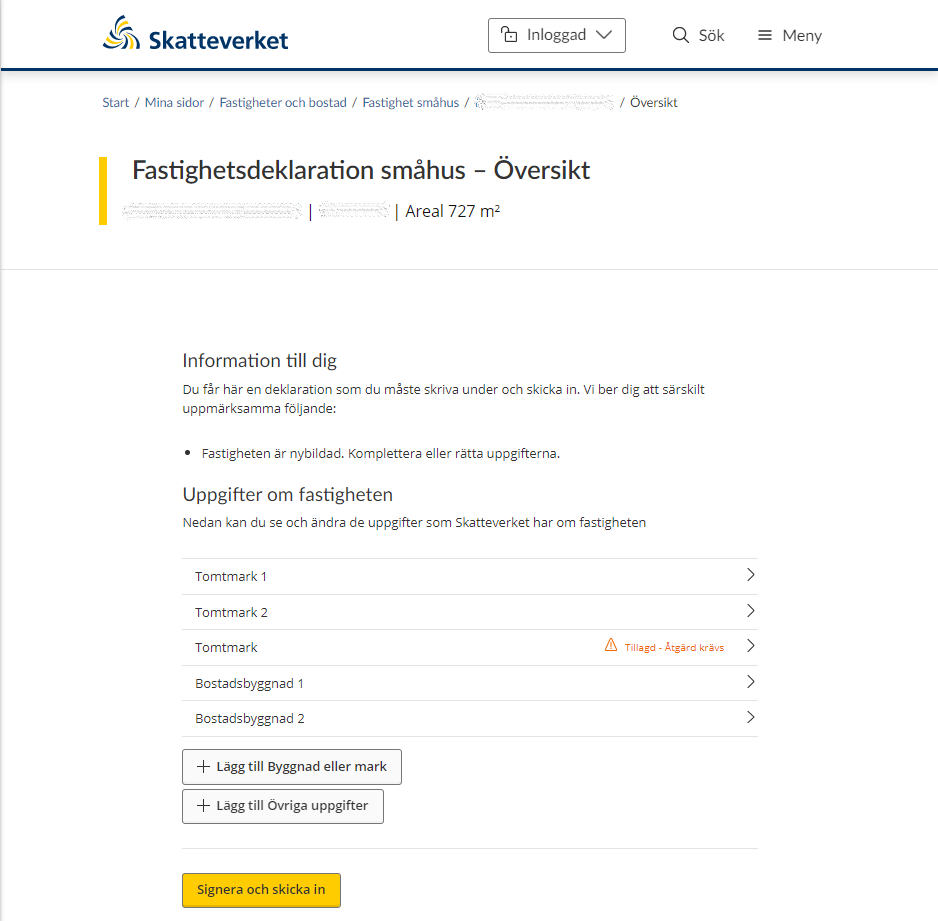 Image showing the overview page and a
notification that a land plot has been added but that not all the required
information has been filled in (see instructions). 