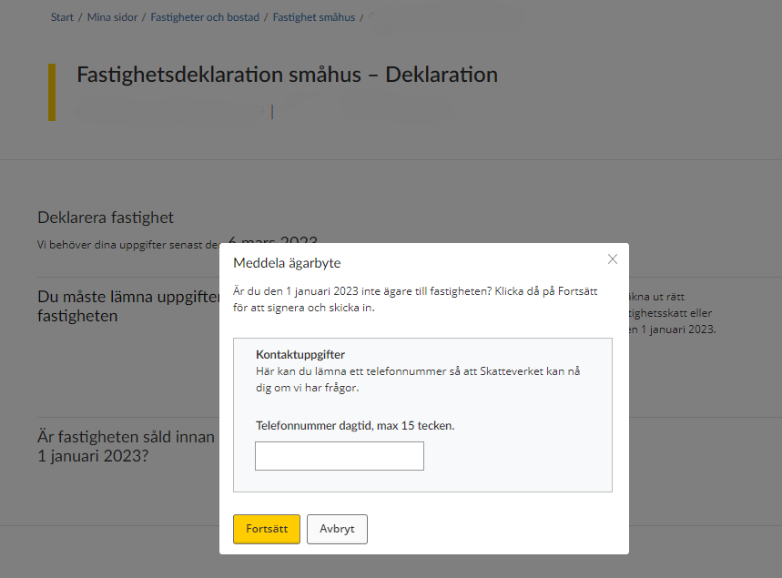 Image showing a box in
which to type your phone number if there has been a change of ownership (see
instructions).