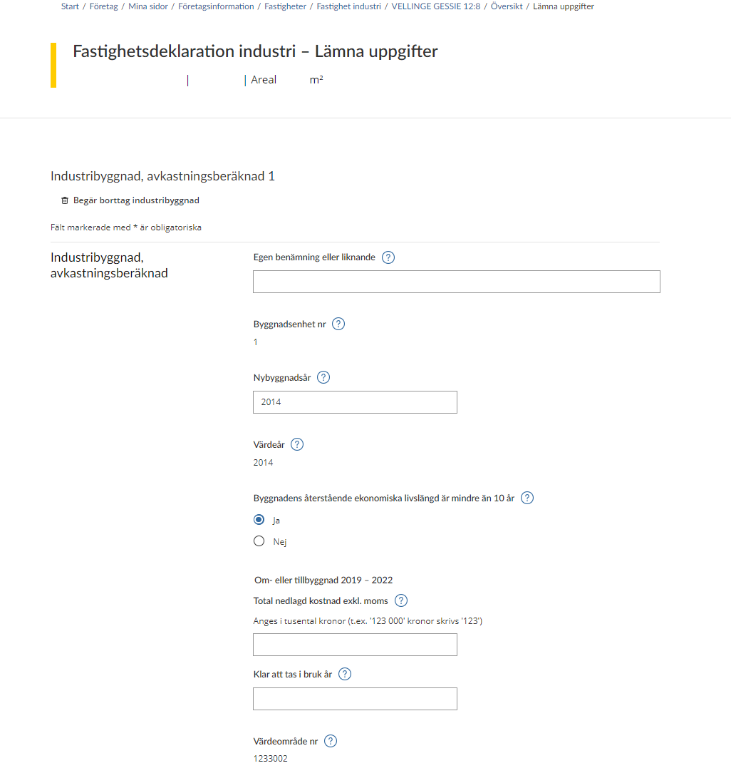 Image showing the tax return form for information you have to provide for industrial buildings, returns estimated (see instructions).