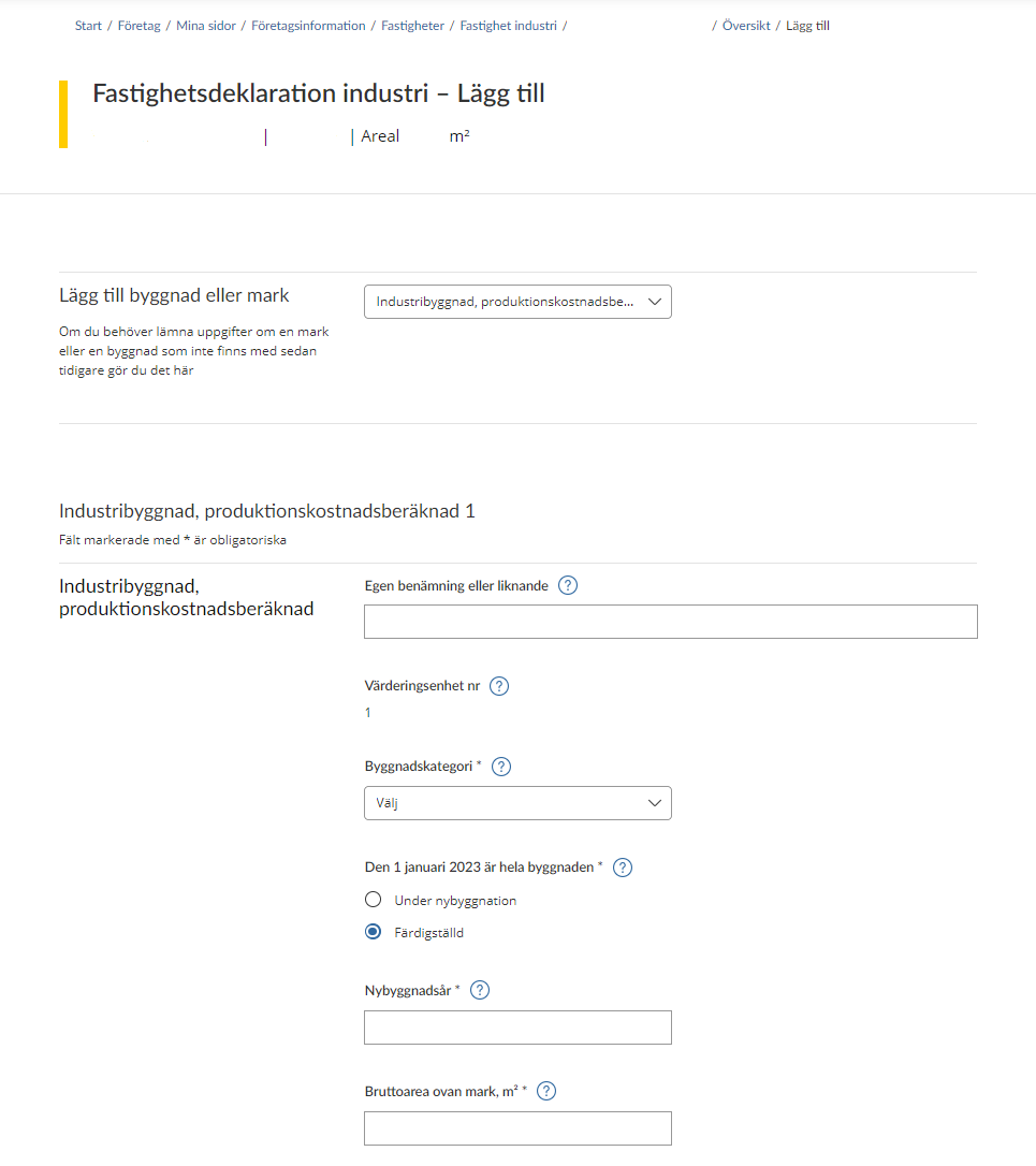 Image showing the tax return form for information you have to provide for industrial buildings, production cost estimated (see instructions).