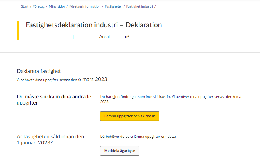 Image showing the dates when information needs to be provided, as well as buttons for submitting information or making a notification of an ownership change.