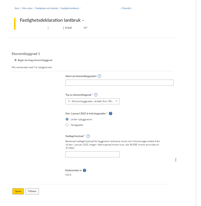 Image showing the tax return form regarding information you have to submit about an agricultural building under construction (see instructions).