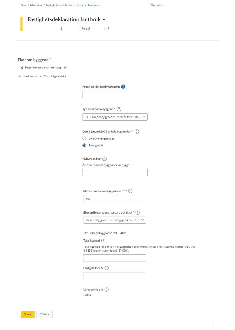 Image showing the tax return form regarding information you have to submit about a completed agricultural building (see instructions).