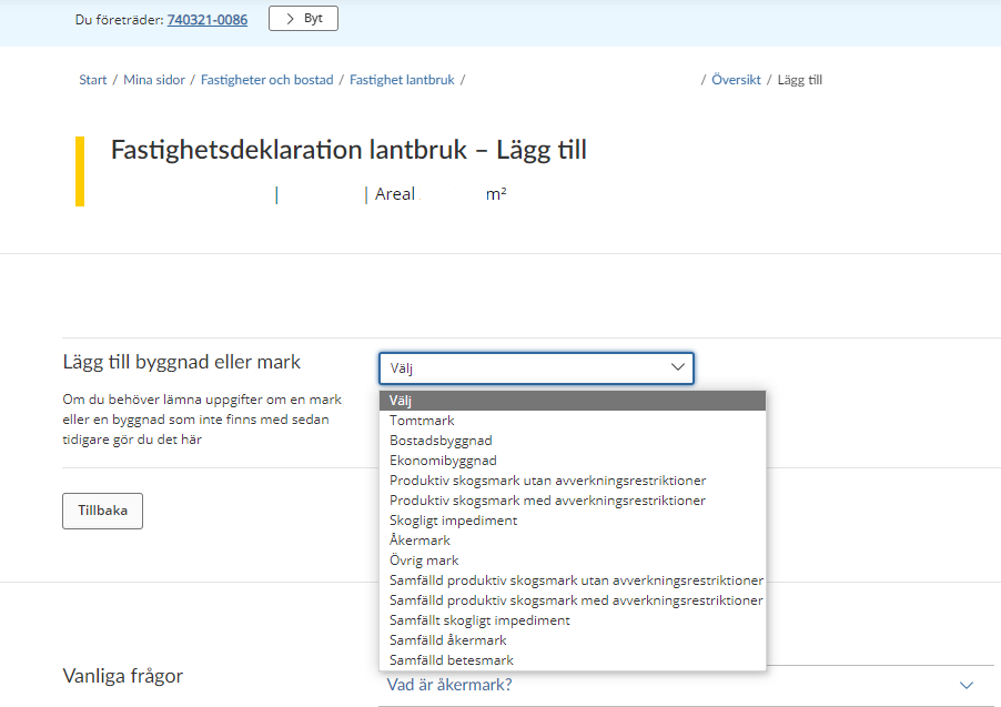 Image showing a drop-down menu where you can select a type of building or plot of land (see instructions).