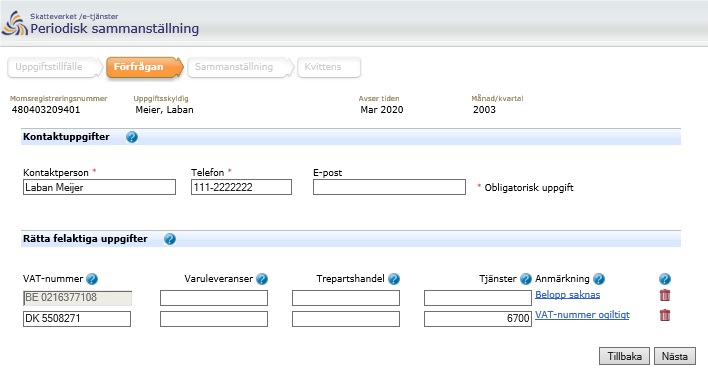 Image from the e-service showing where to change
contact details and the rows with errors that you are expected to correct.