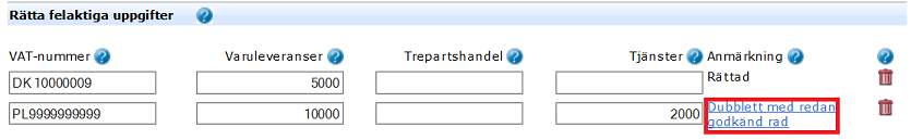 Image from the e-service showing the note of the
error of duplication of a previously approved row.