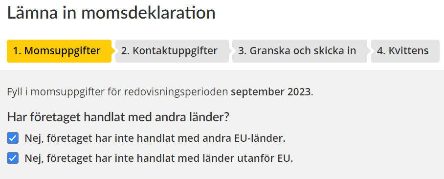 Image from the e-service showing which boxes to click to remove the tick if you did not trade with other EU countries or with countries outside the EU.