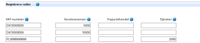 Image from the e-service showing reported supply of goods to the same
Danish business of SEK 5 000 respective SEK 10 000 divided into two
rows and supply of services to a Polish business of SEK 2 000.