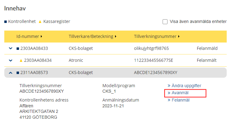 Link to deregister a control unit.