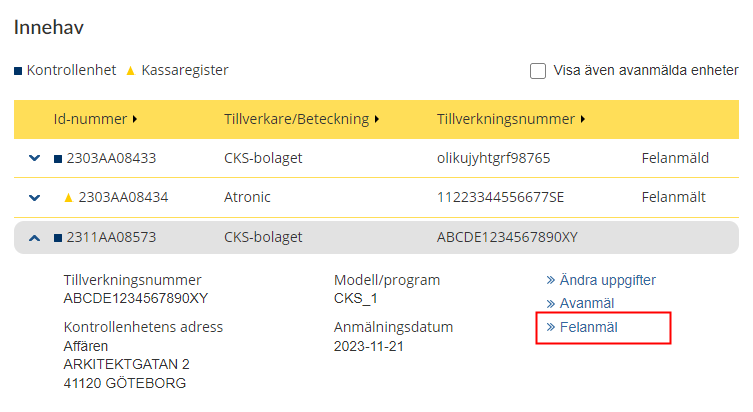 Link to report fault in a control unit.