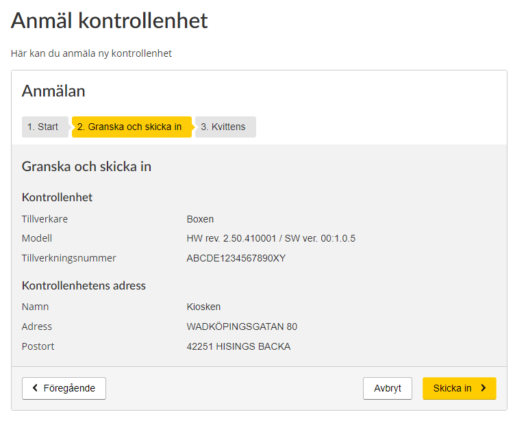 Register a Control unit form, step two - Review and Submit.