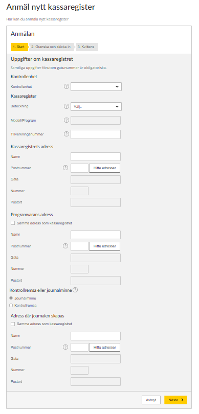 Register a new Cash Register form, first step.