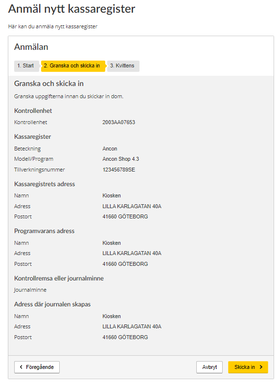 Register a new Cash Register form, step two - Review and Submit.