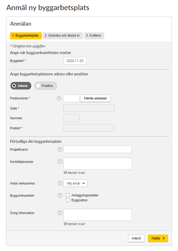 Register a new Building Site form, first step.