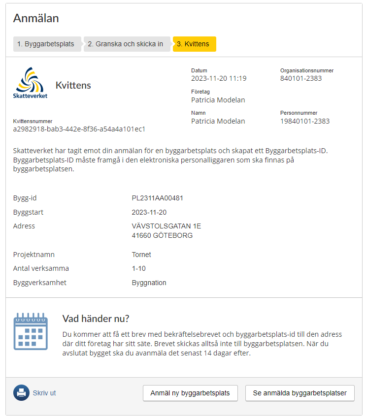 Register a new Building Site form, step three - Receipt.