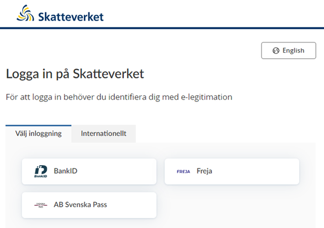 Image from the Swedish Tax Agency’s website showing a tab where the eIDs BankID, Freja, and AB Svenska Pass are listed. The image also shows that there is another tab, “Internationellt” (“International”), for foreign eIDs.
