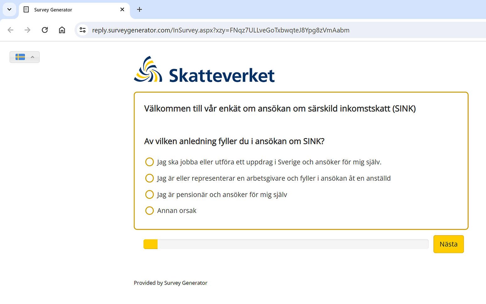 Skärmbild på startsidan för enkäten om ansökan om SINK. 